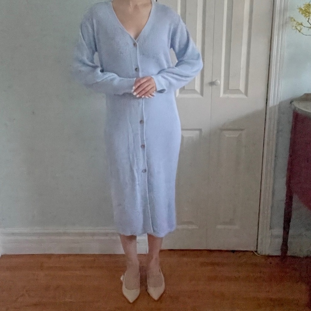 Cardigan Dress: Pretty Lavish Light Blue Midi Knit Button Down Duster